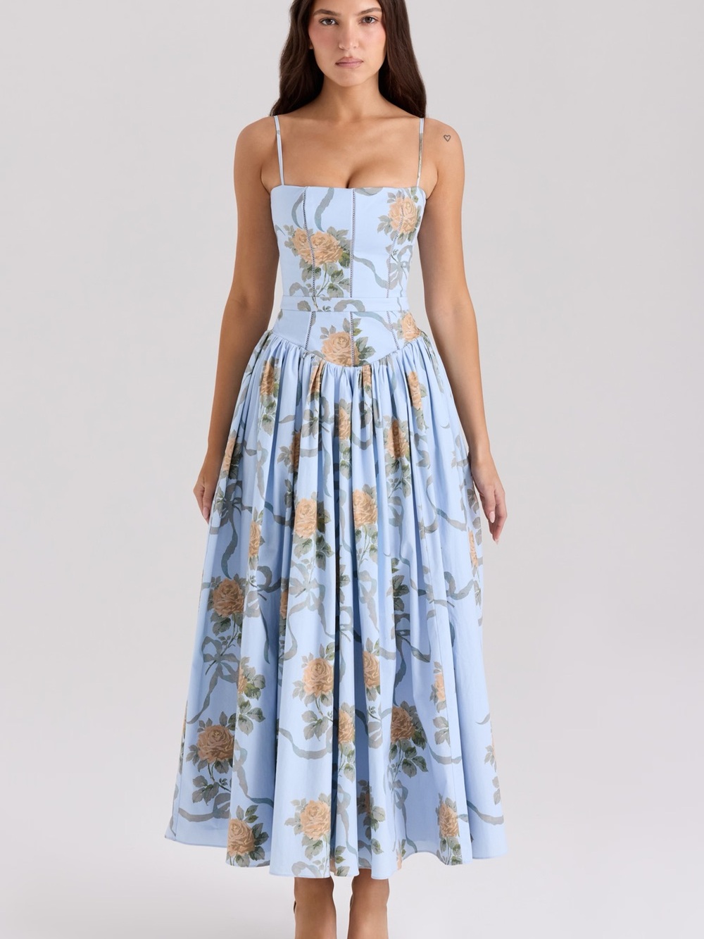House of CB Ysabella Sky Blue Floral Midi Dress with Beige Roses